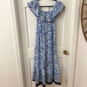 Zara Floral Maxi Dress XS Blue White Off Shoulder Sundress Boho Smocked Resort